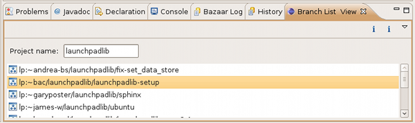 Eclipse showing a list of branches hosted by Launchpad