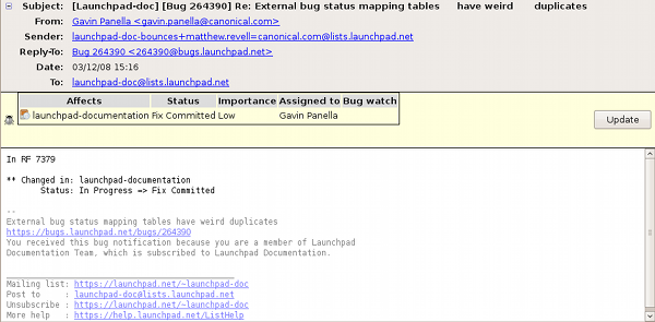 Thunderbird's Bugmail plugin showing the status of a bug tracked in Launchpad