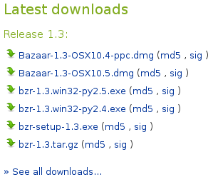 Files for download on the bzr project overview page
